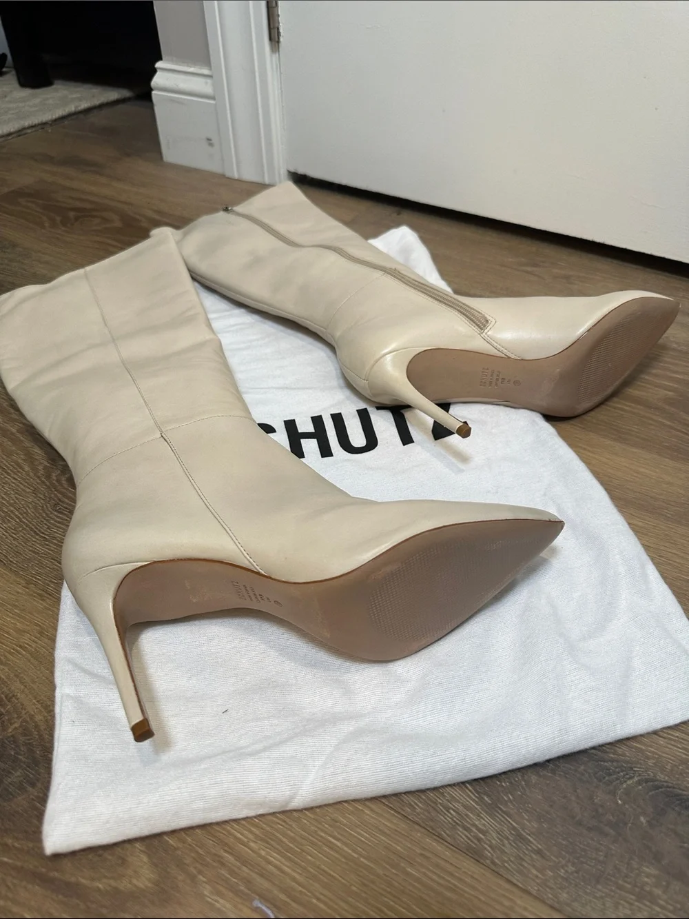 SCHUTZ Over-the-Knee Pointed Toe Stiletto Boots in Light Beige (11)